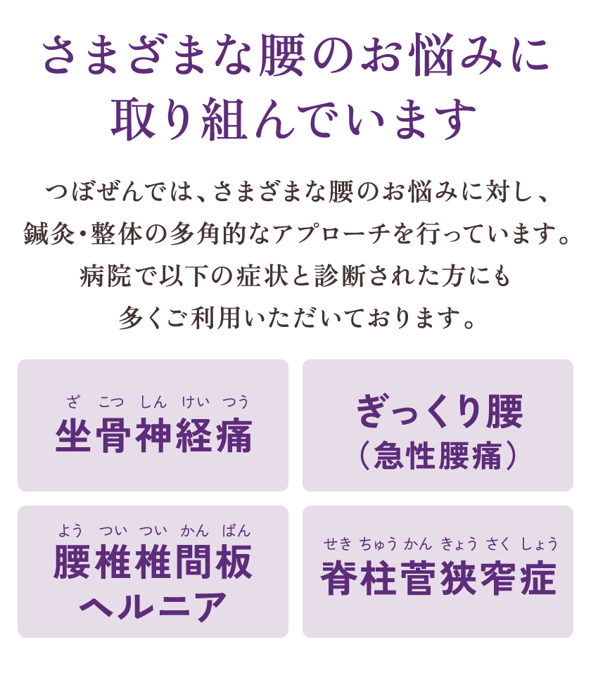 つぼぜんでは、さまざまな腰のお悩みに対し、鍼灸・整体の多角的なアプローチを行っています